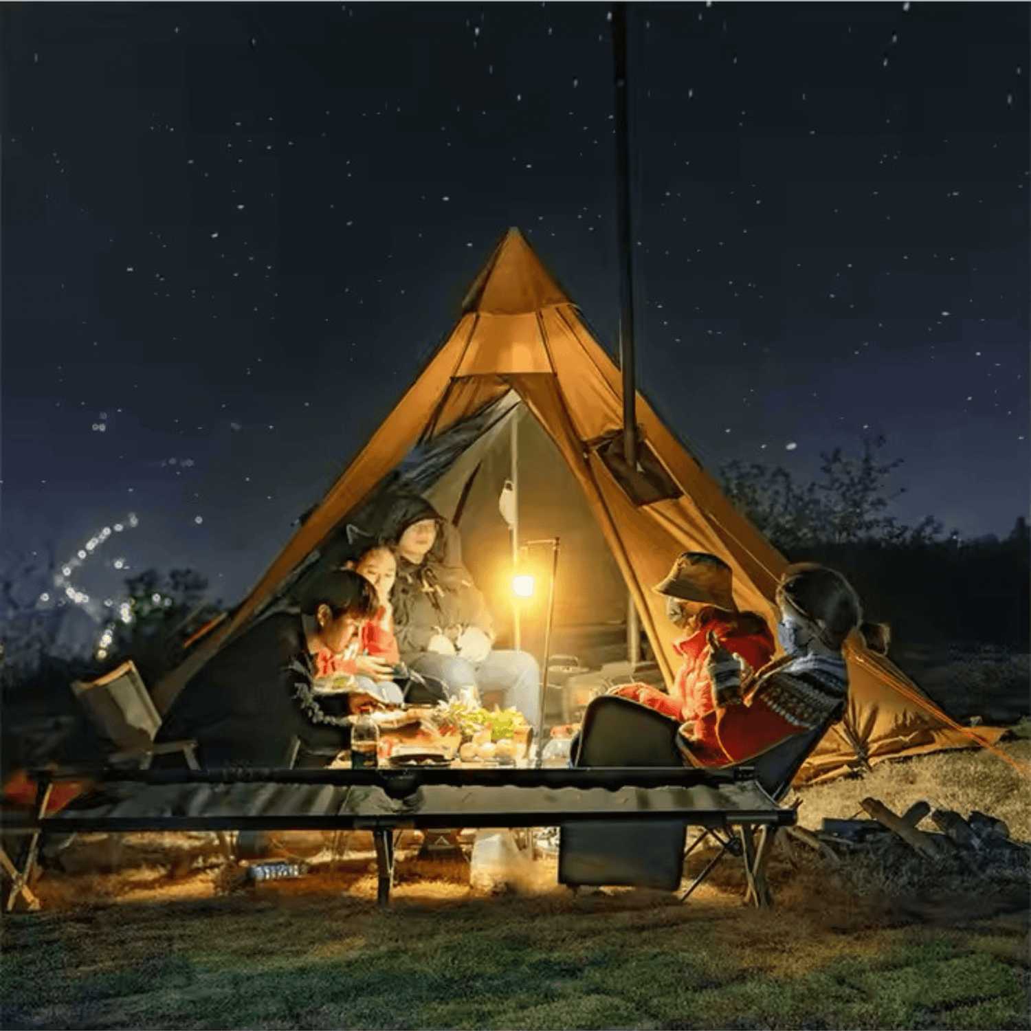 Group camping around a hot tipi tent under a starry night, enjoying warmth and light from a stove, ideal for 2-4 people.