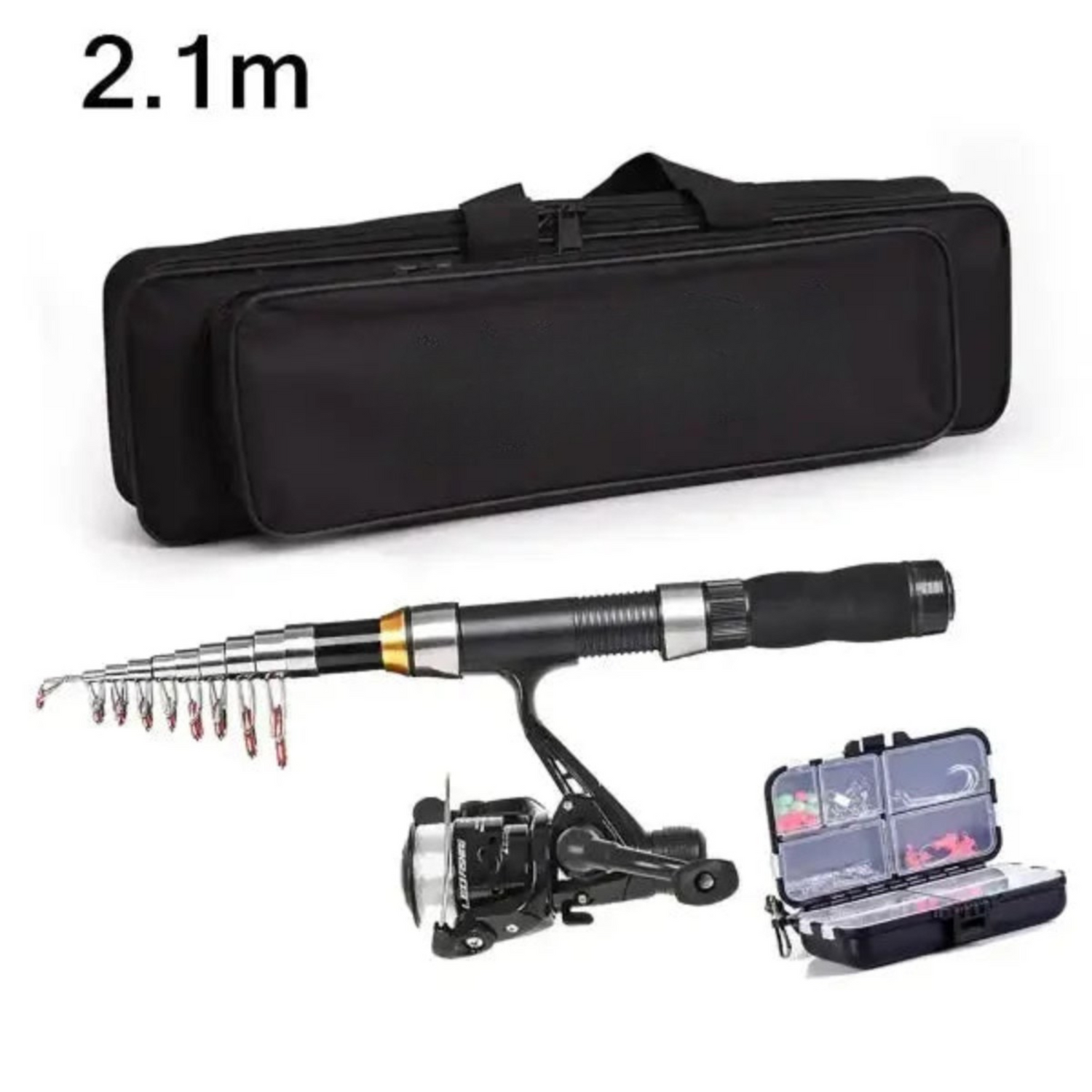 Fishing rod and reel set with accessories on a white background