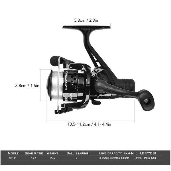 Carbon fiber spinning reel with measurements and specifications for fishing rods.