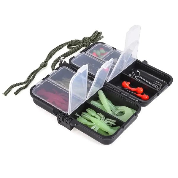 Comprehensive fishing tackle kit including hooks and lures, neatly organized in a portable, compact case. Ideal for beginners and expert anglers.