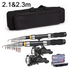 Fishing rod and reel set with black carrying case on a white background