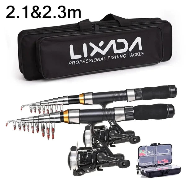 Telescopic carbon fiber rod and spinning reel set with carrying case and tackle box for fishing enthusiasts.