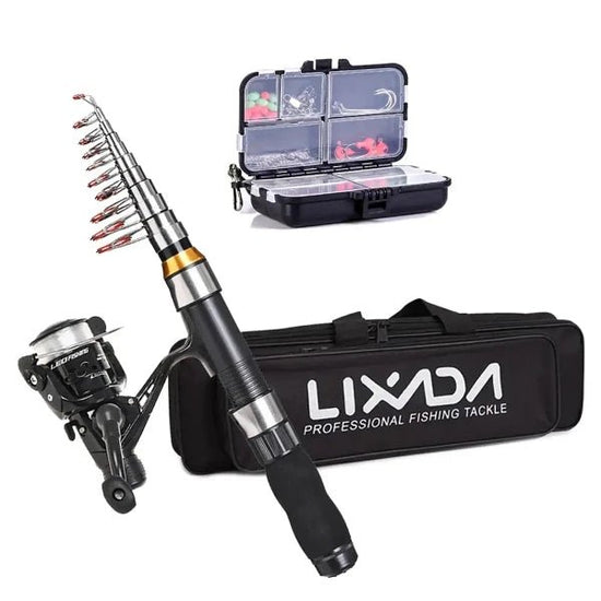 Telescopic carbon fiber rod, spinning reel, and comprehensive tackle kit with LIXADA carrying bag for bait-casting fishing.