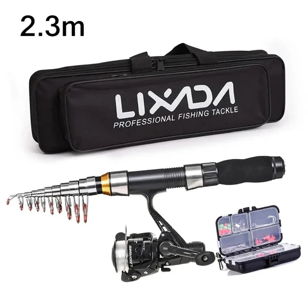 2.3m telescopic carbon fiber fishing rod and spinning reel combo with carrying case and tackle kit by LIXADA