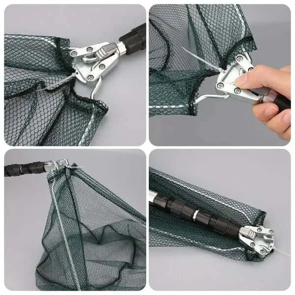 Collapsible fishing pole with foldable hoop and rubber-coated mesh net for fly fishing, shown in various folded states and close-up details.