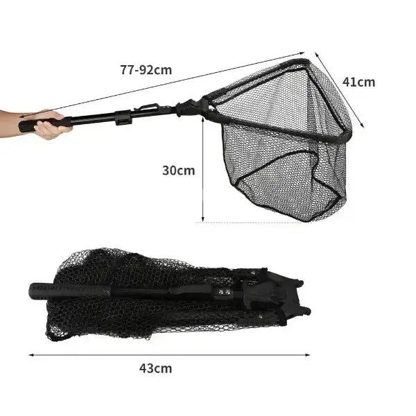 Telescopic landing net with folding fishing pole, rubber handle, aluminum frame, and rubber-coated mesh. Dimensions: 77-92cm handle, 41cm hoop.