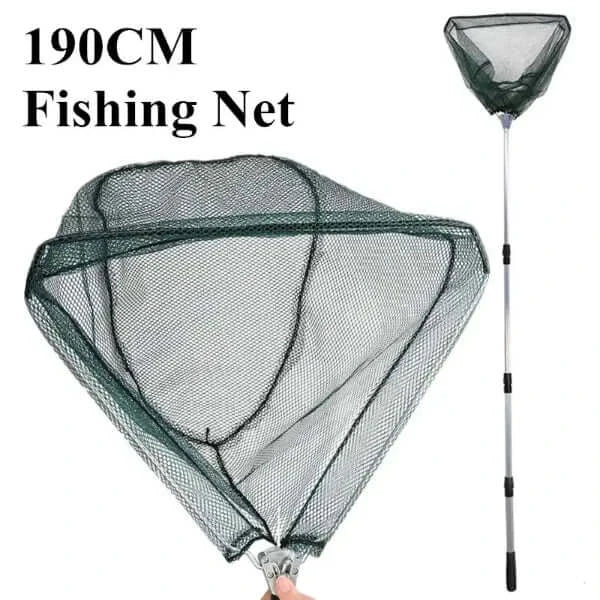 Telescopic folding fishing net with rubber-coated mesh and 190cm extendable aluminum handle for fly fishing and catching heavier fish.