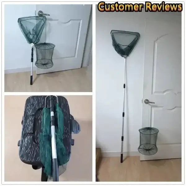 Telescopic landing net with folding fishing pole and collapsible handle for fly fishing, mounted on a door in customer review image.