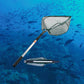 Telescopic landing net with folding fishing pole, rubber handle, aluminum frame, and rubber-coated mesh. Dimensions: 77-92cm handle, 41cm hoop.