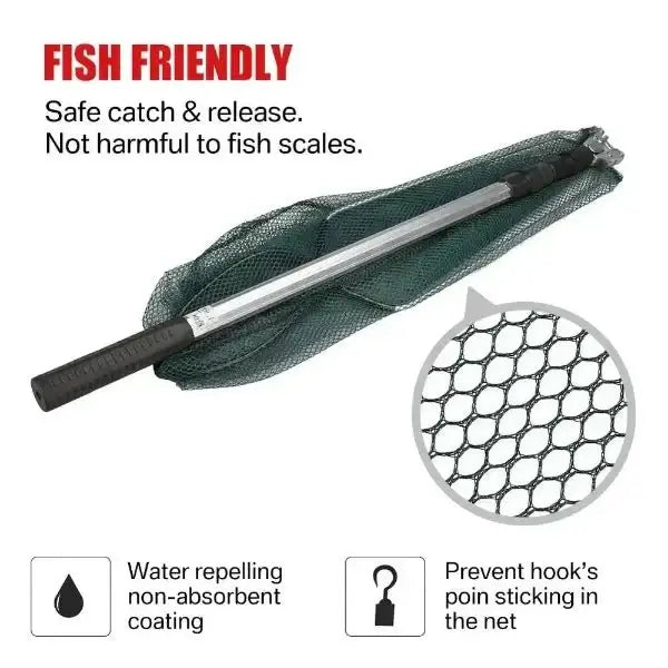 Telescopic folding fishing pole with rubber-coated fly fishing net, safe for fish catch and release and water-repelling non-absorbent coating