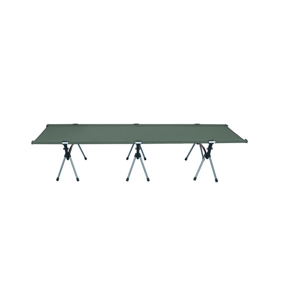 Lightweight aluminum green folding cot for adults, designed for stability and quick setup, suitable for indoor or outdoor use.