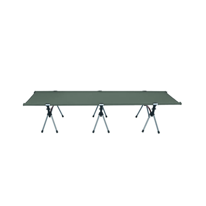 Lightweight aluminum green folding cot for adults, designed for stability and quick setup, suitable for indoor or outdoor use.