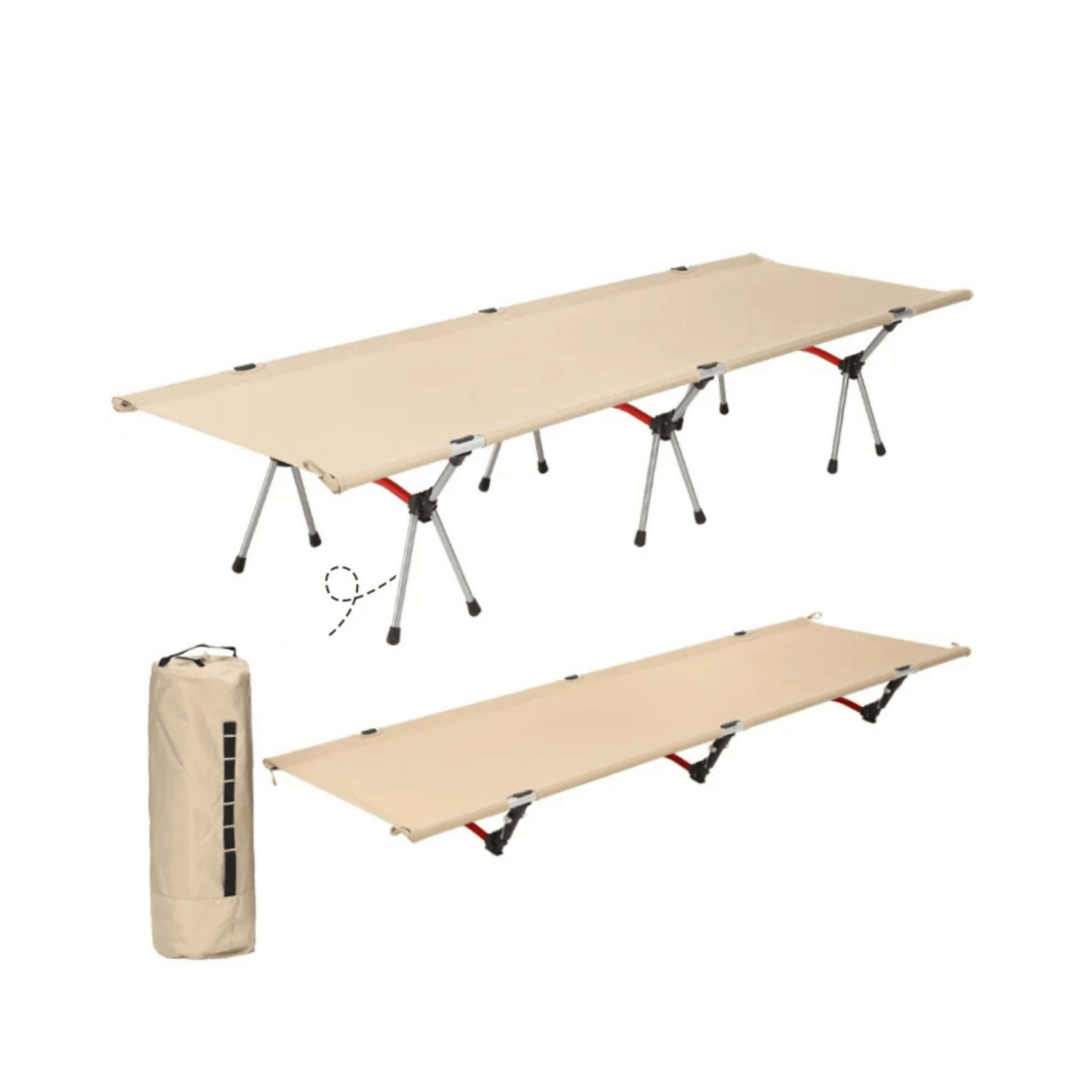 Lightweight aluminum beige folding sleeping cot, collapsible design with durable fabric and carrying bag.