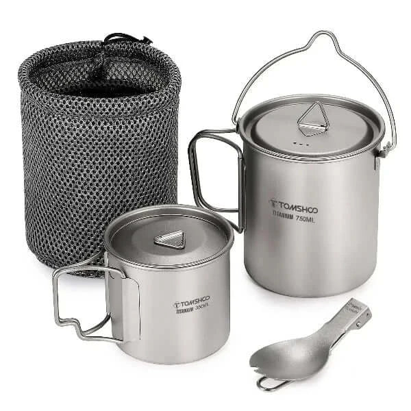 TOMSHOO titanium cookware set with lids, spork, and mesh bag. Ideal for camping and backpacking. High-efficiency heating and non-stick ceramic coating.