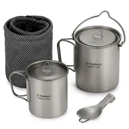 TOMSHOO titanium cookware set for camping, including 750ml pot, 450ml cup, and spoon, with mesh bag for storage. Ideal for outdoor use.