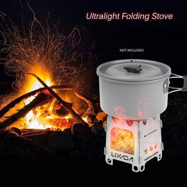 Titanium ultralight folding wood stove in use with pot on top, against a campfire background. Ideal for camping, backpacking, and hot tents.