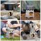 Titanium portable wood burning stove for camping, cooking on various setups in outdoor settings. Ideal backpacking and hot tent stove.