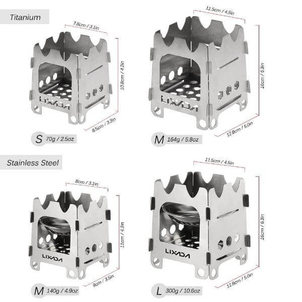 Titanium and stainless steel portable folding wood stoves in various sizes for camping and backpacking with measurements and weights shown.