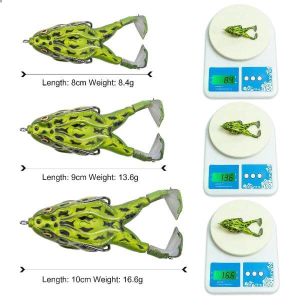 Topwater frog lures with double propeller legs design in 8cm, 9cm, and 10cm lengths, shown on digital scales with their respective weights labeled.