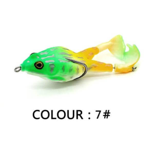 Topwater frog fishing lure with double propeller legs, color variant 7, made of upgraded silicone for bass fishing.