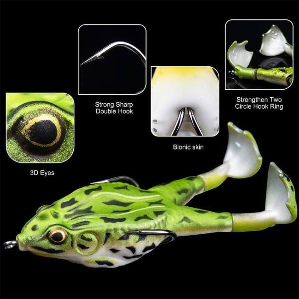 Topwater frog lure with double propeller legs, 3D eyes, strong sharp double hook, and bionic skin for bass fishing.