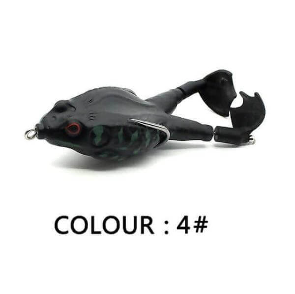 Black topwater frog lure with double propeller legs, high-quality silicone, designed for bass fishing. Color 4.