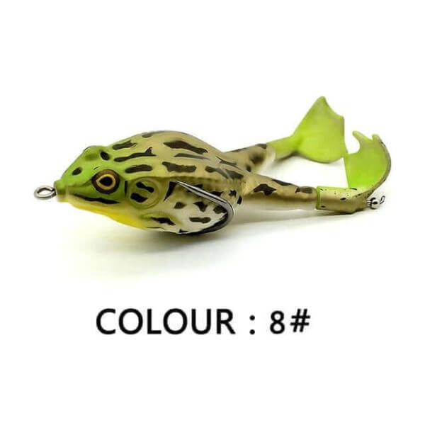 Topwater frog lure with double propeller legs in green and brown color (