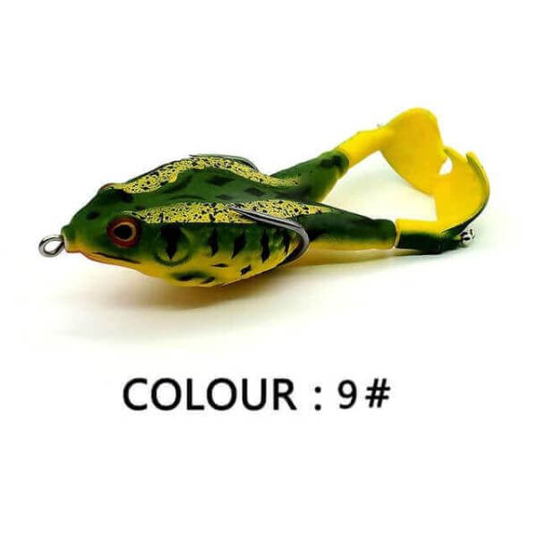 Green topwater frog lure with double propeller legs design, upgraded silicone skin, perfect for bass fishing, colour 9