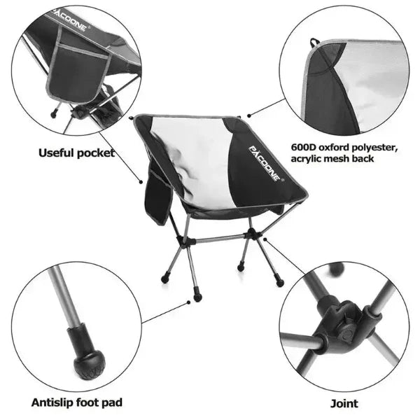 Ultralight folding portable aluminum chair with pocket, 600D oxford polyester, acrylic mesh back, antislip foot pad, and durable joints.