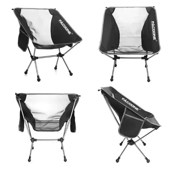 Ultralight folding portable aluminum chair by Pacoone, shown in different angles and positions.