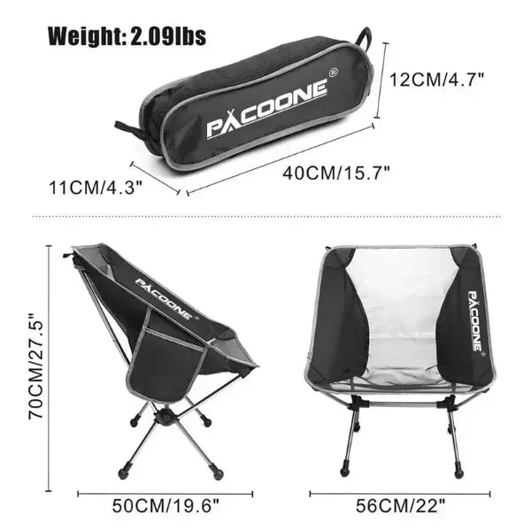 Ultralight folding portable aluminum chair by Pacoone with dimensions and weight details showing compact carrying case and assembled chair views.