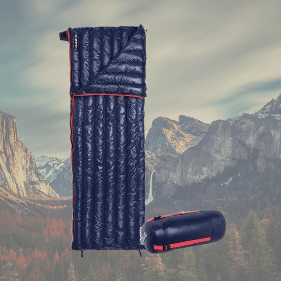 Camping Ultralight Sleeping Bag with 280g duck down filling in rugged mountain background, ideal for spring, summer, and autumn.