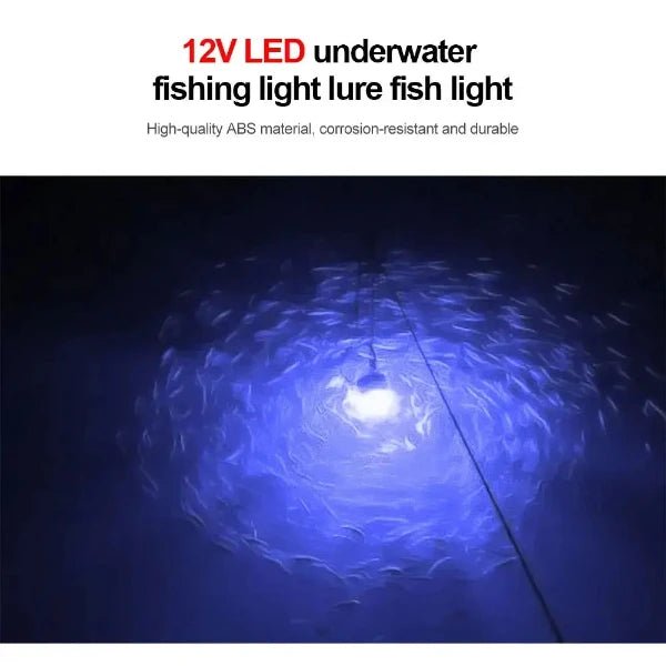 12V LED underwater fishing light attracting fish with high-quality ABS material, corrosion-resistant and durable in blue water.