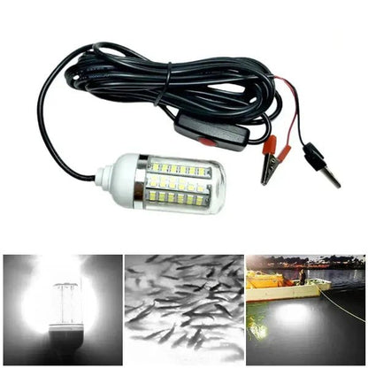 12V LED underwater fishing light with heavy-duty construction, attracting fish at night; features green, blue, and white light options for docks and boats.