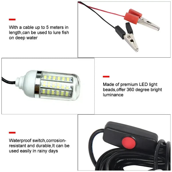 Durable LED underwater fishing light with long cable, premium LED beads, waterproof switch, and corrosion-resistant construction for deep water fishing.