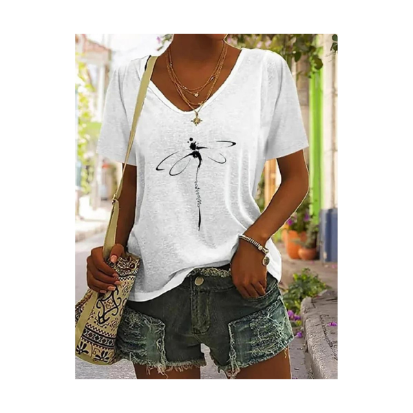 Woman wearing white V-neck graphic tee with dragonfly design, paired with denim shorts, perfect effortless summer style