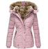 Close-up of a pink quilted jacket featuring a fur-lined hood, ribbed cuffs, and multiple pockets.