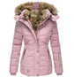 Close-up of a pink quilted jacket featuring a fur-lined hood, ribbed cuffs, and multiple pockets.