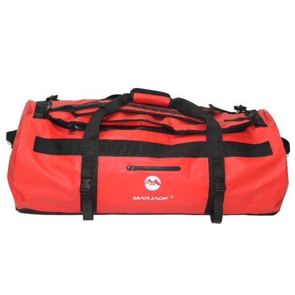 Red waterproof duffel bag with black straps by Marjaqe, featuring durable PVC material for versatile outdoor use.