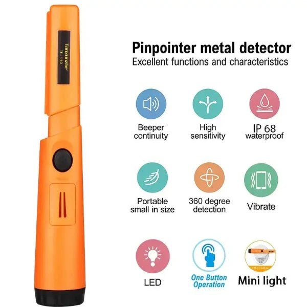 Pinpointer metal detector with LED display, high sensitivity, waterproof, portable size, 360-degree detection, vibration alert, and mini light