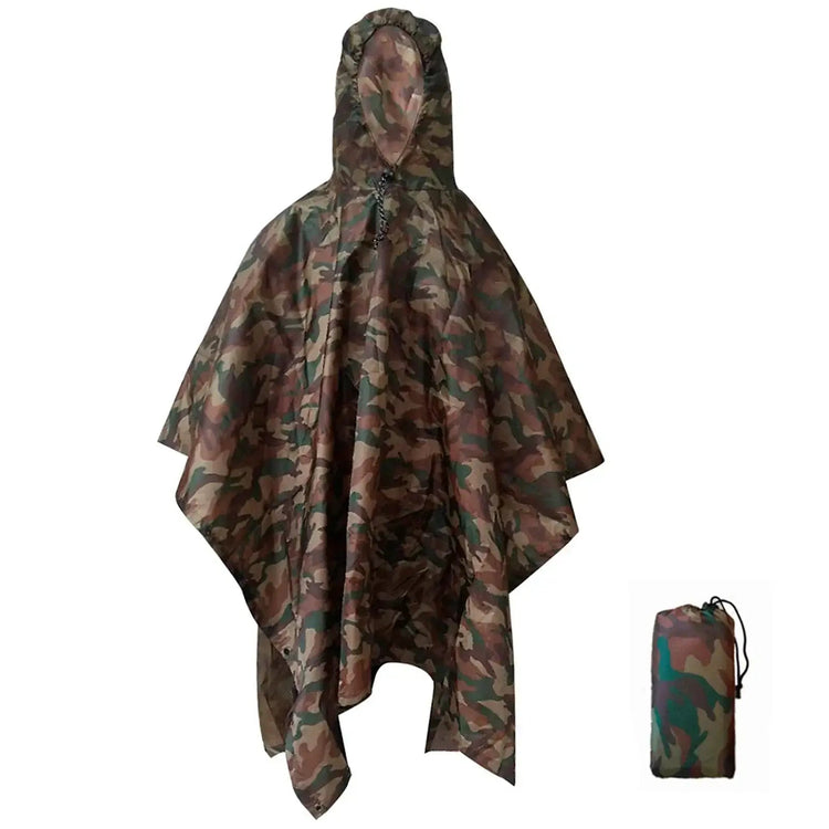 Camo Waterproof Rain Poncho With Hood, versatile 3-IN-1 rain poncho for outdoor use as rain cape, shelter, or ground tarp, unisex rain jacket