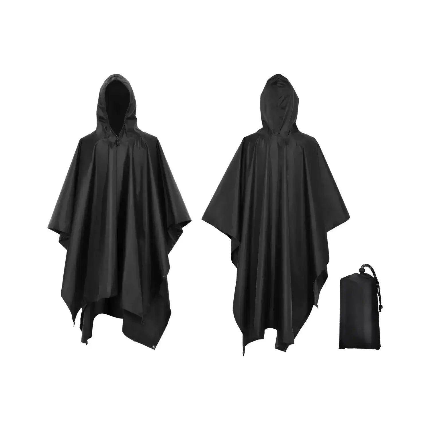 Waterproof Rain Poncho With Hood in black, versatile 3-IN-1 Rain Poncho for men and women, includes carrying case, crafted from Ripstop 210T polyester fabric with PU3000 waterproof coating, unisex rain jacket for outdoor activities.