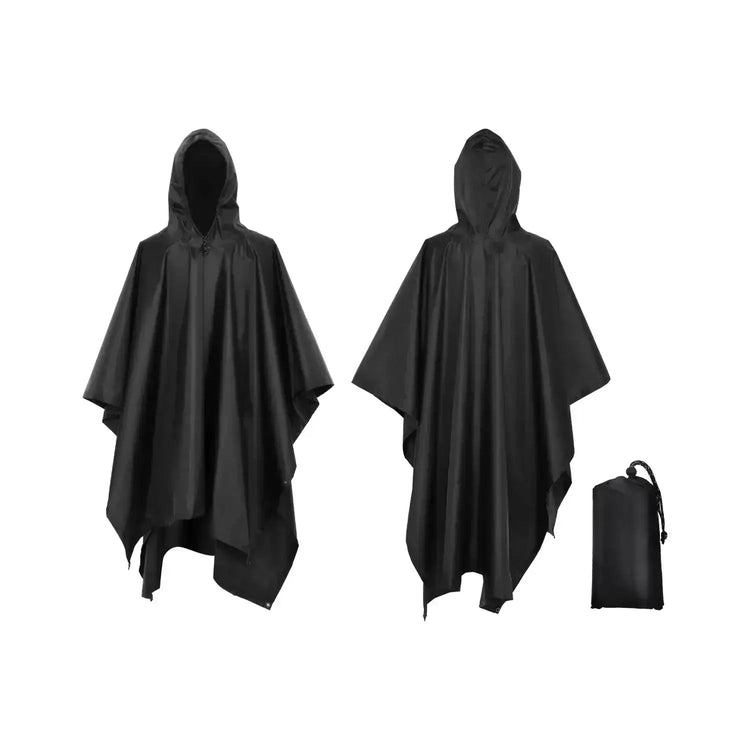 Waterproof Rain Poncho With Hood in black, versatile 3-IN-1 Rain Poncho for men and women, includes carrying case, crafted from Ripstop 210T polyester fabric with PU3000 waterproof coating, unisex rain jacket for outdoor activities.