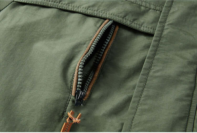 Close-up of the zipper detail on a men&