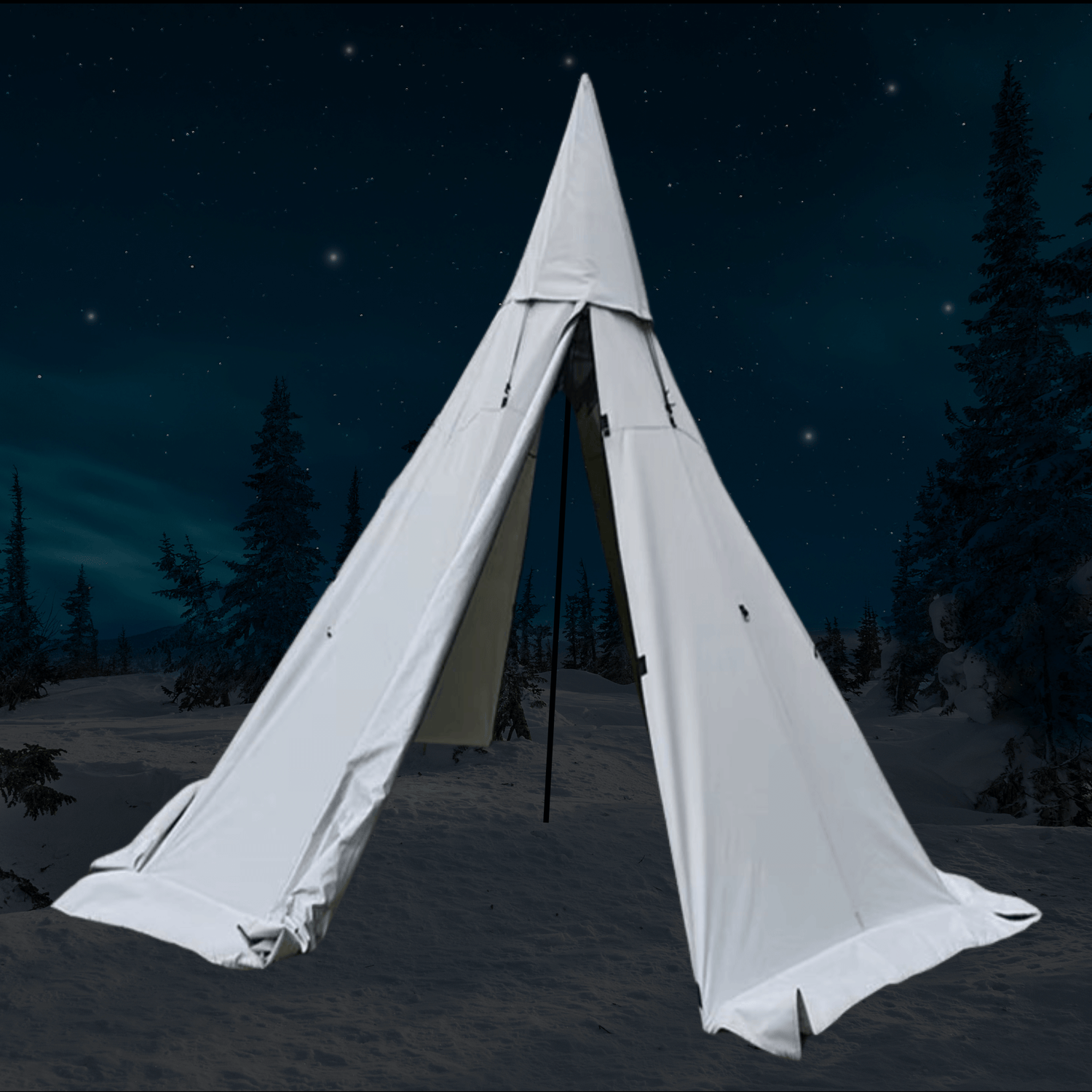 A large white canvas pyramid tent with a central pole, set up in a snowy forest at night