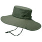 Green waterproof wide brim bucket hat for men with UPF 50+ sun protection and chin strap. Ideal for safari, fishing, and beach.