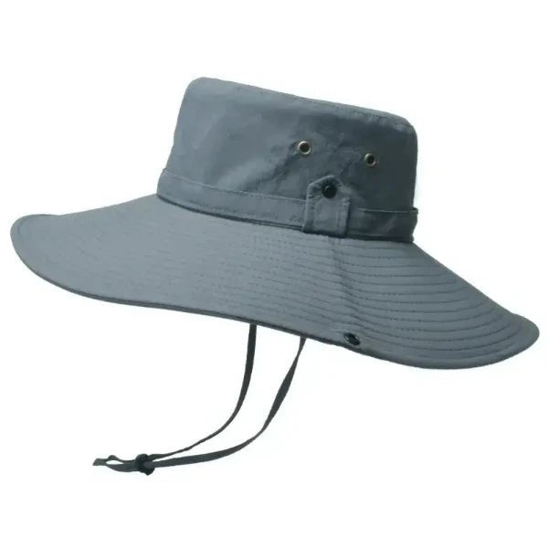 Gray wide brim bucket hat for men with adjustable straps, perfect for safari, fishing, and outdoor activities with UPF 50+ sun protection.