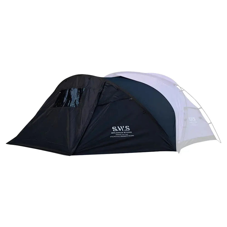 Backpacking tent with stove jack in black, shown against a white background. Features a spacious interior and weather-resistant design, ideal for cold-weather camping.