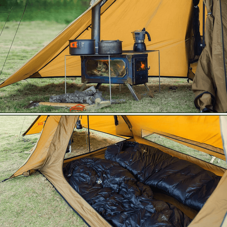 Backpacking hot tent with stove setup and sleeping area for winter camping, featuring the best hot tent wood stove and tarp poles.