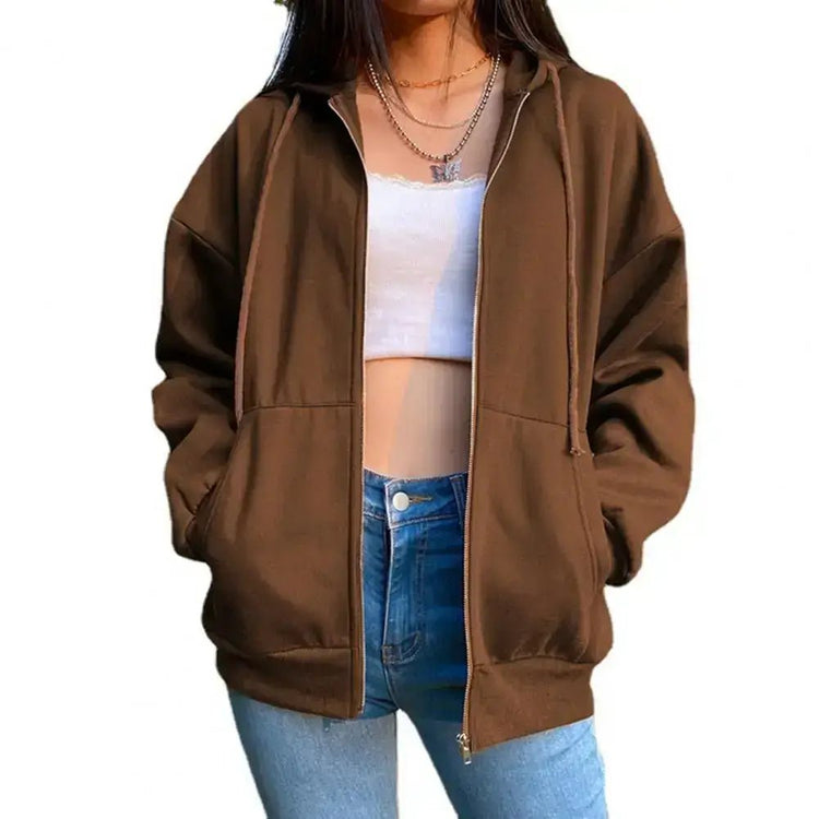 Women Sweatshirt Jacket with Hoodie in brown, featuring an oversized hood and adjustable collar for personalized comfort, perfect for casual wear.